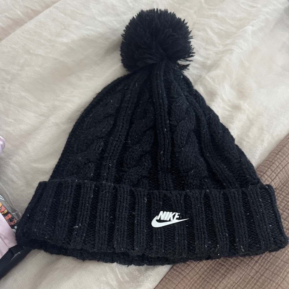 Nike Black Cable Knit Beanie with Pom